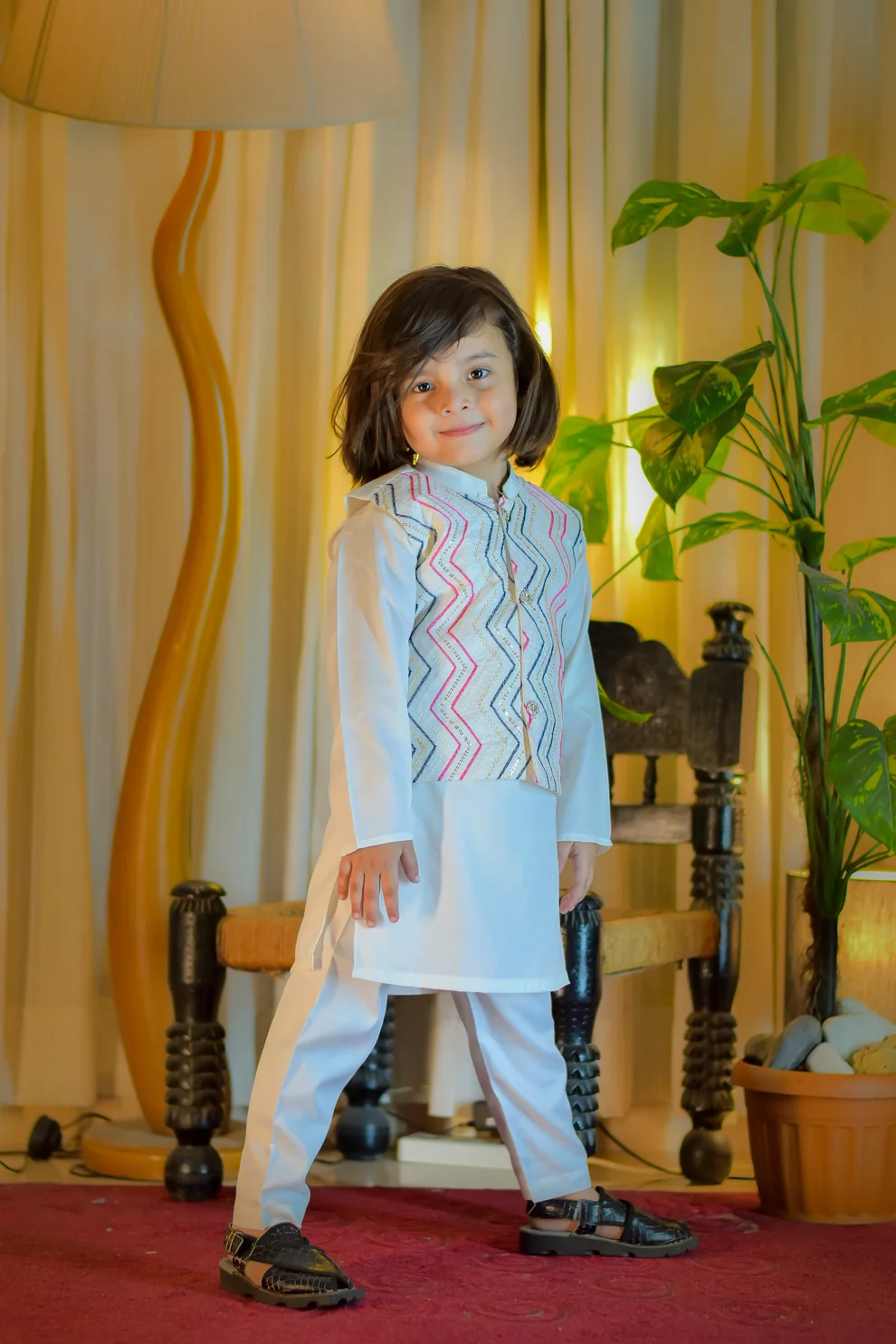 White Kurta Pajama Suit with Multicolor Embroidered Waistcoat – Premium Kids Festive Wear