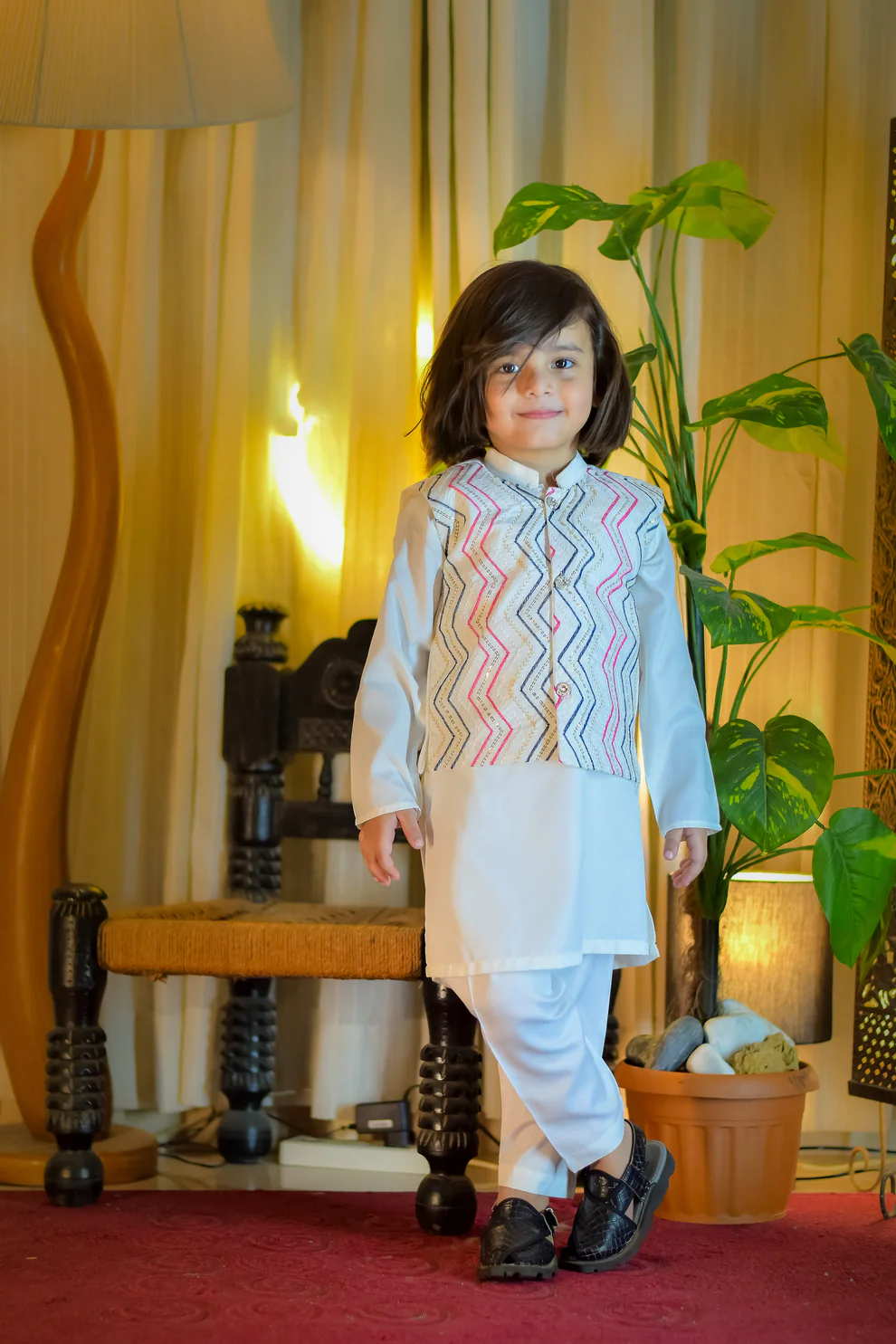 White Kurta Pajama Suit with Multicolor Embroidered Waistcoat – Premium Kids Festive Wear