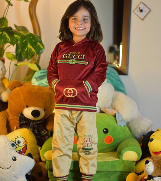 Maroon & Beige Kids Velvet Printed Winter Suit