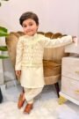 Cream embroidered kids kurta suit with designer waistcoat