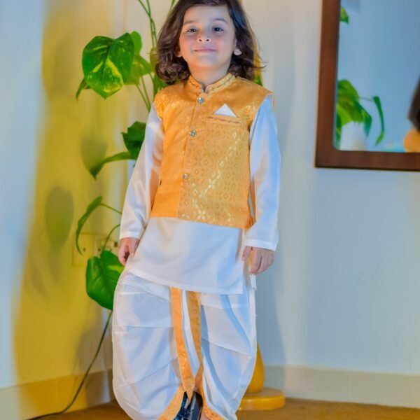 Golden Waistcoat Kurta Set with Traditional Dhoti