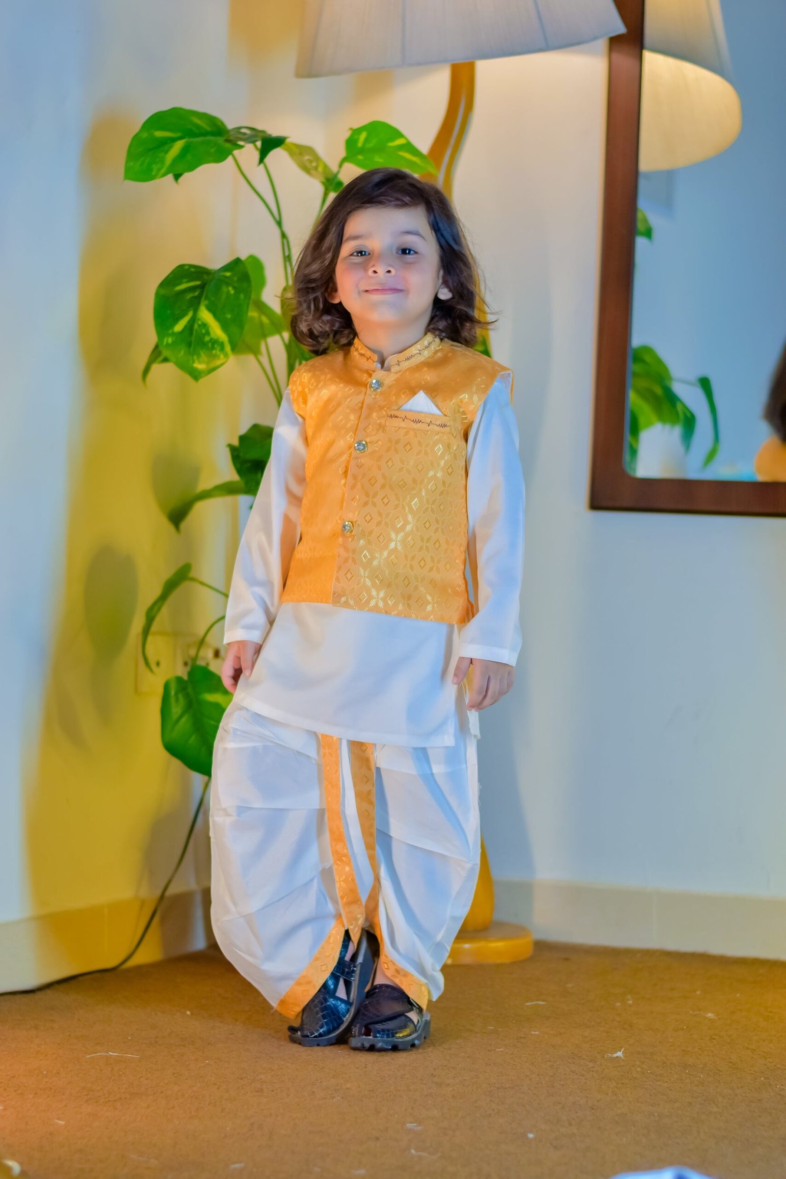 Golden waistcoat kurta set with traditional dhoti