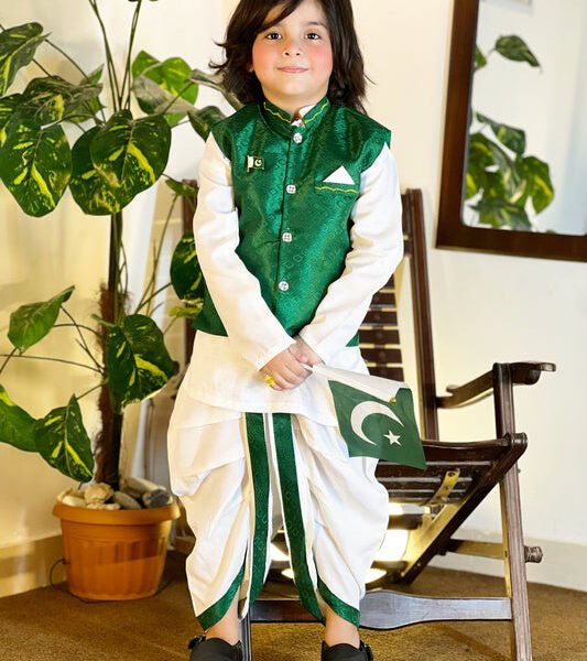 14th August Green & White Dhoti Kurta Set for Boys