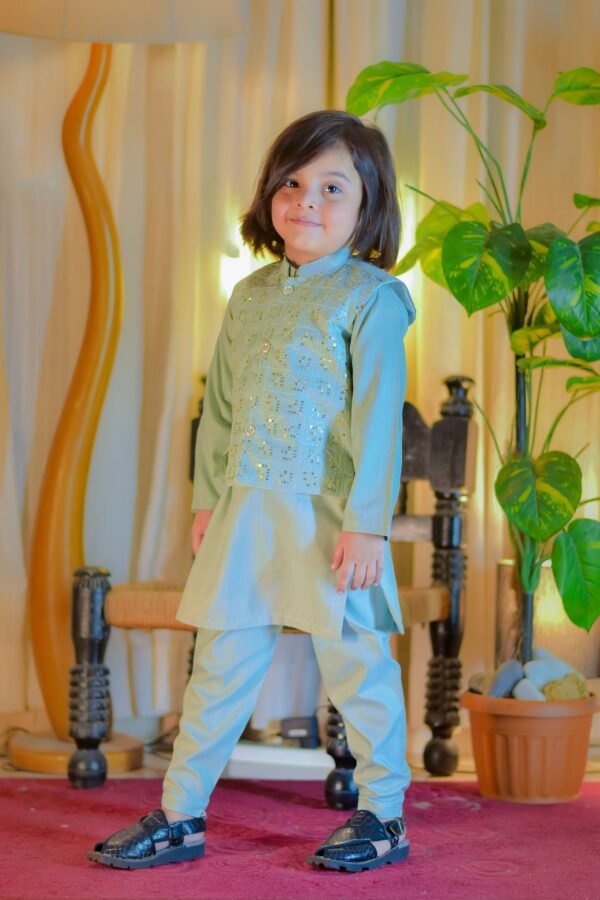 Mint Green Kurta Suit with Contrast Waistcoat Set