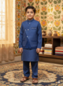 Navy blue kids kurta suit with patterned waistcoat