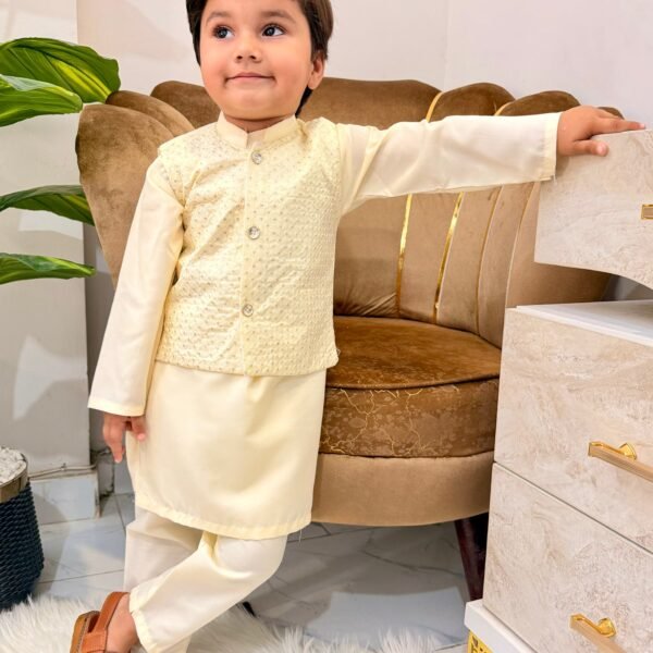 Off White Kurta Suit with Textured Waistcoat Set