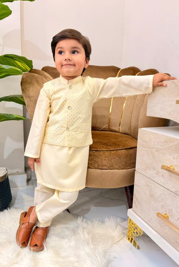 Off White Kurta Suit with Textured Waistcoat Set