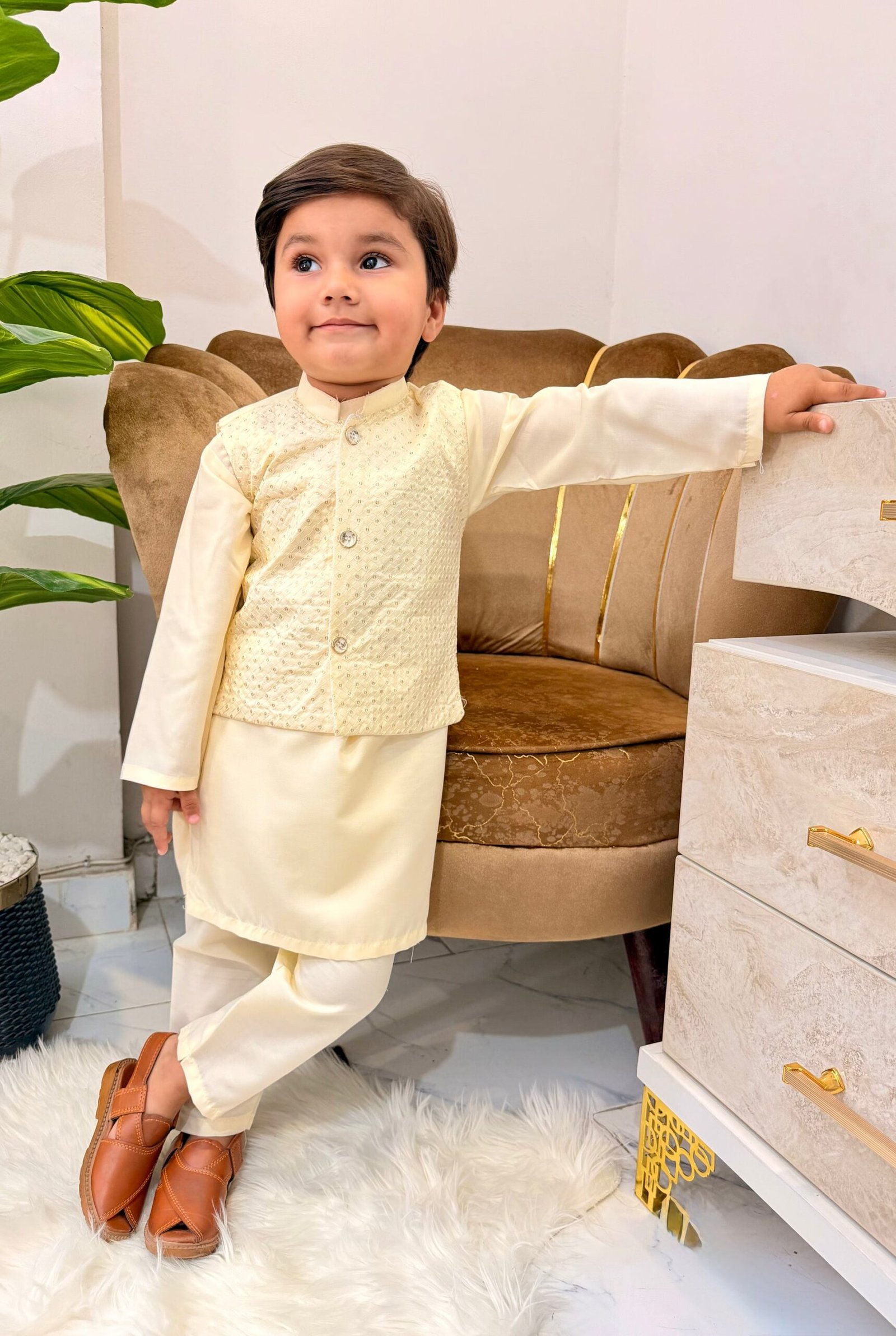 Off white kids kurta suit with textured waistcoat