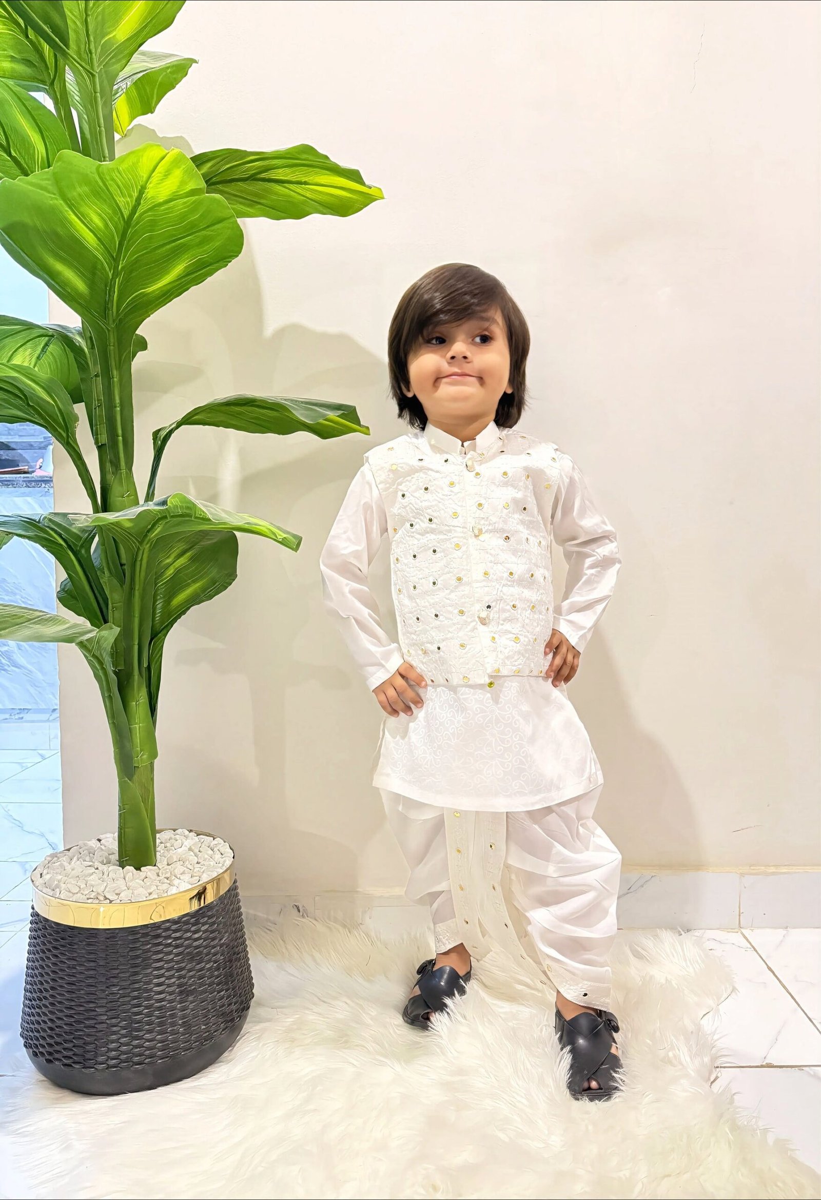White embroidered traditional kids dhoti set